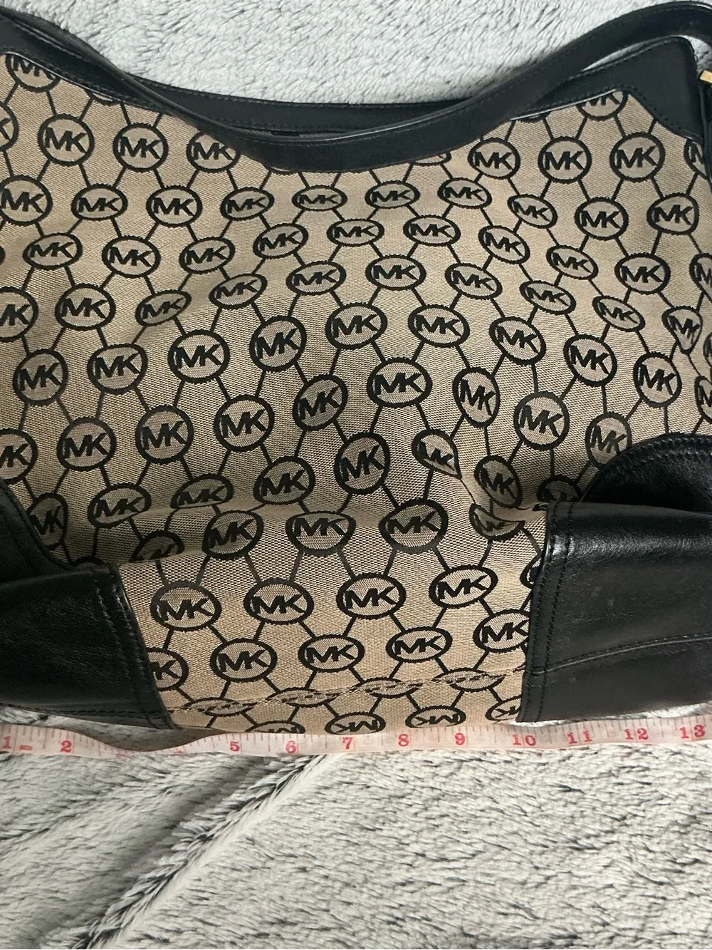 Michael Kors Brown Logo Canvas Shoulder Bag with Black Leather Trim~